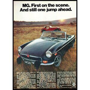 1974 MG MGB Convertible Roadster Vintage Print Ad Sunset Field Grass Wall Art